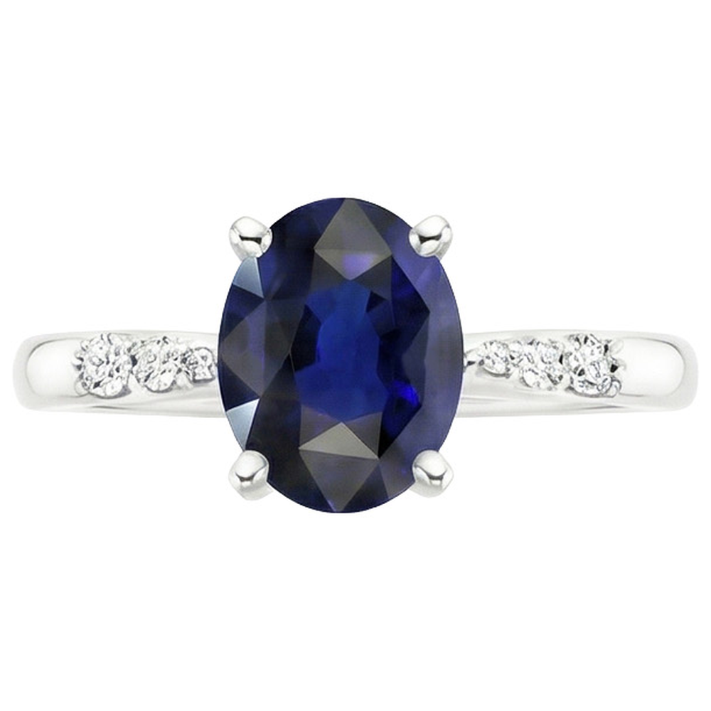 Anello Donna Oro Bianco Zaffiro Blu Ovale & Diamanti Naturali Autentici ( non creati in laboratorio ) Rotondi 3.50 Carati
