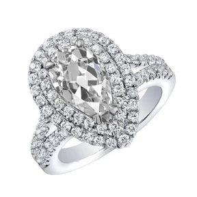 Anello Doppio Anello Pera Vero Diamante Taglio Vecchio 5.15 Carati Gambo Diviso