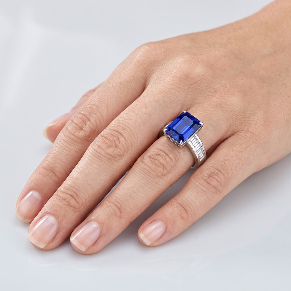 Anello Gemma Smeraldo Zaffiro Baguette & Diamanti Naturali Autentici ( non creati in laboratorio ) Rotondi 4.50 Carati