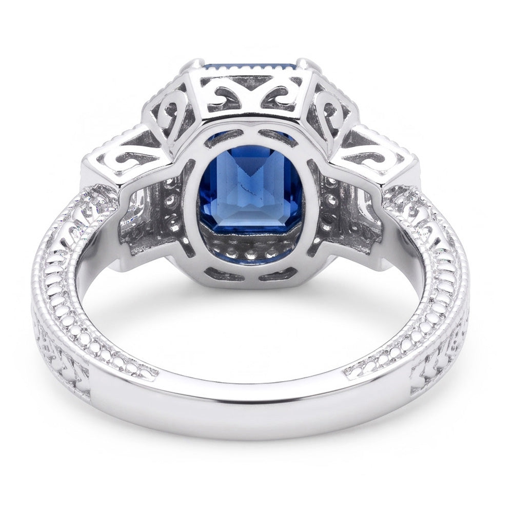 Anello Halo Diamond Zaffiro Radiante 2.50 Carati Stile Vintage Baguette