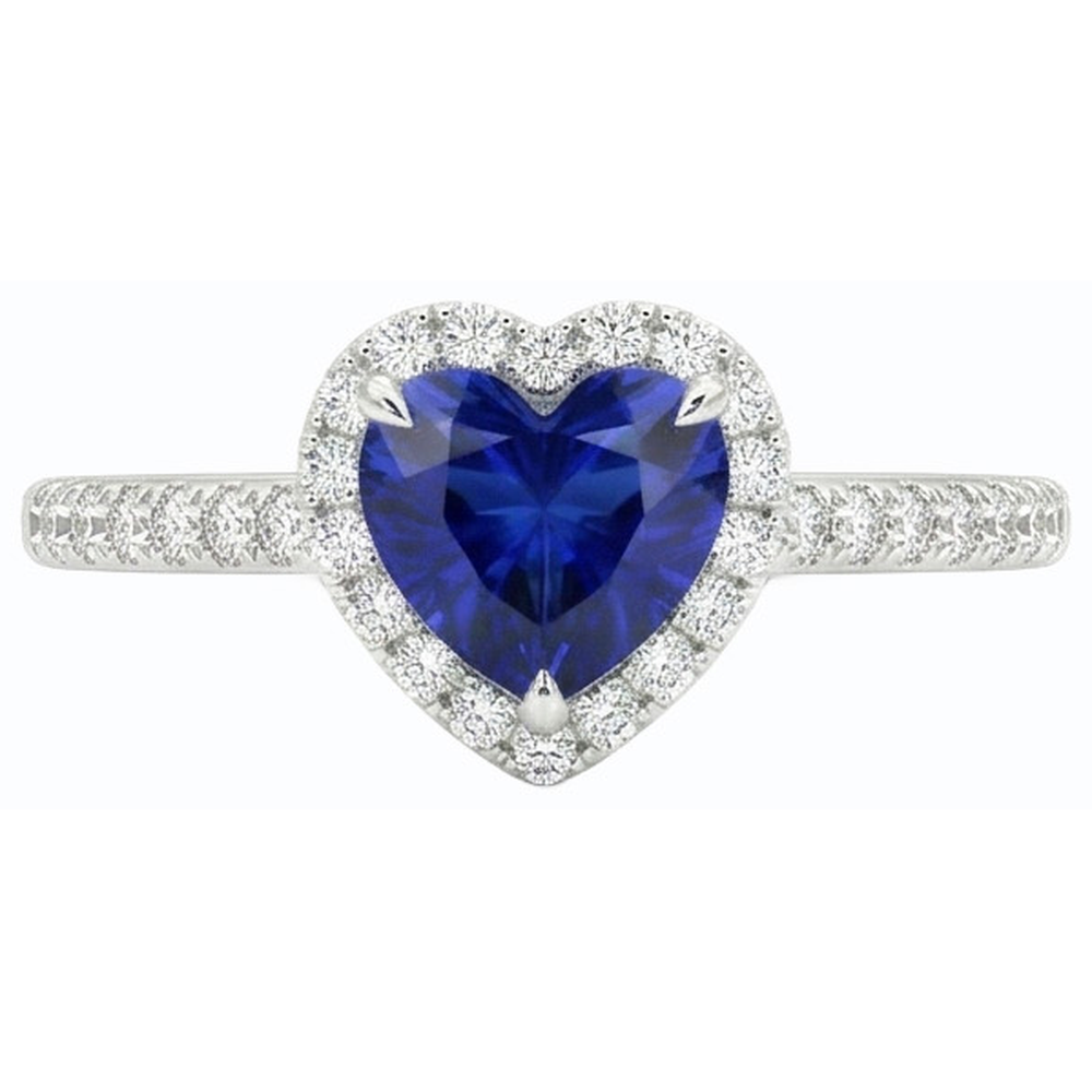 Anello Halo Heart con zaffiro Ceylon 3 carati e pavé di diamanti in oro bianco 14K