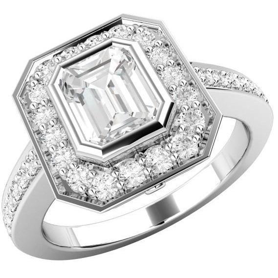 Anello Halo In Oro Bianco Con Smeraldo Da 3.75 Ct E Vero Diamante A Taglio Rotondo