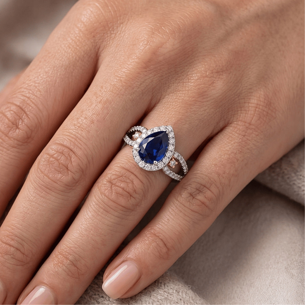Anello Halo Pera Ceylon Zaffiro Gioielli Da donna Con Diamanti Naturali Autentici ( non creati in laboratorio )