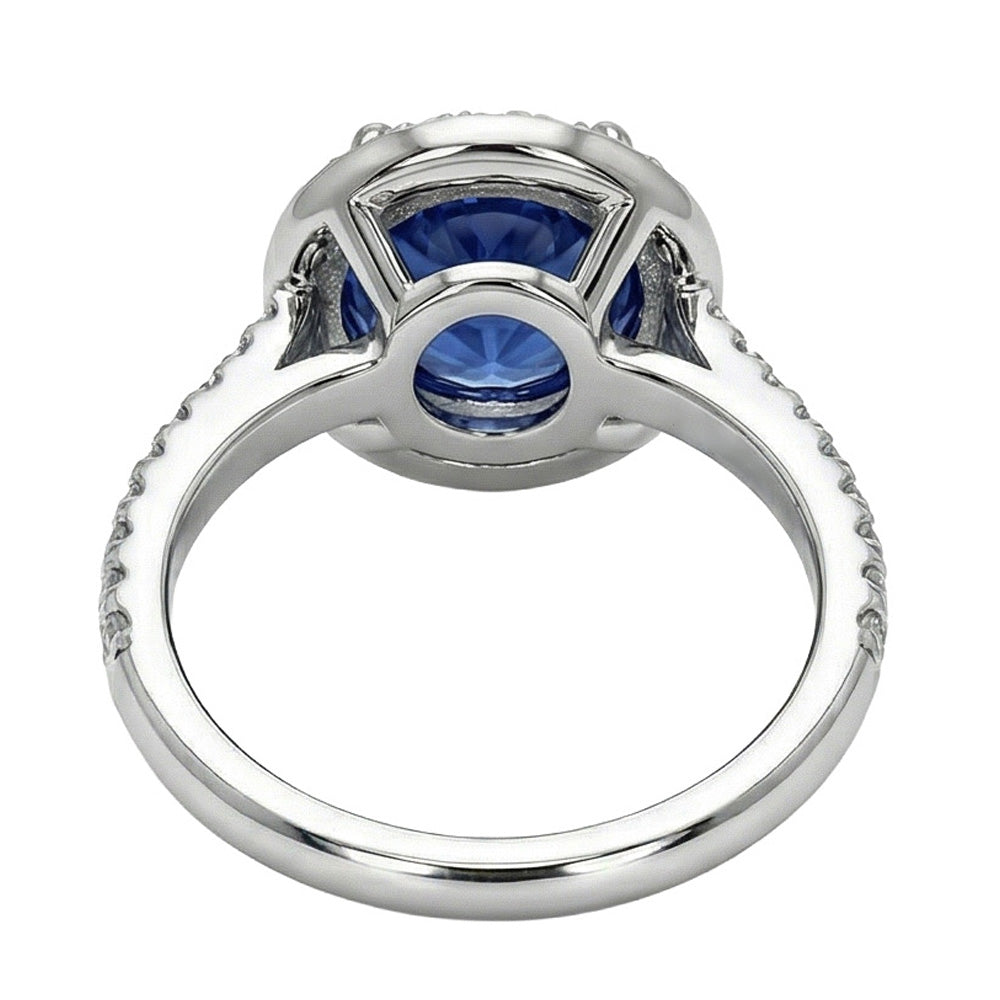 Anello Halo Round Zaffiro Ceylon Diamante Naturale Autentico ( non creato in laboratorio ) Oro Bianco 14K
