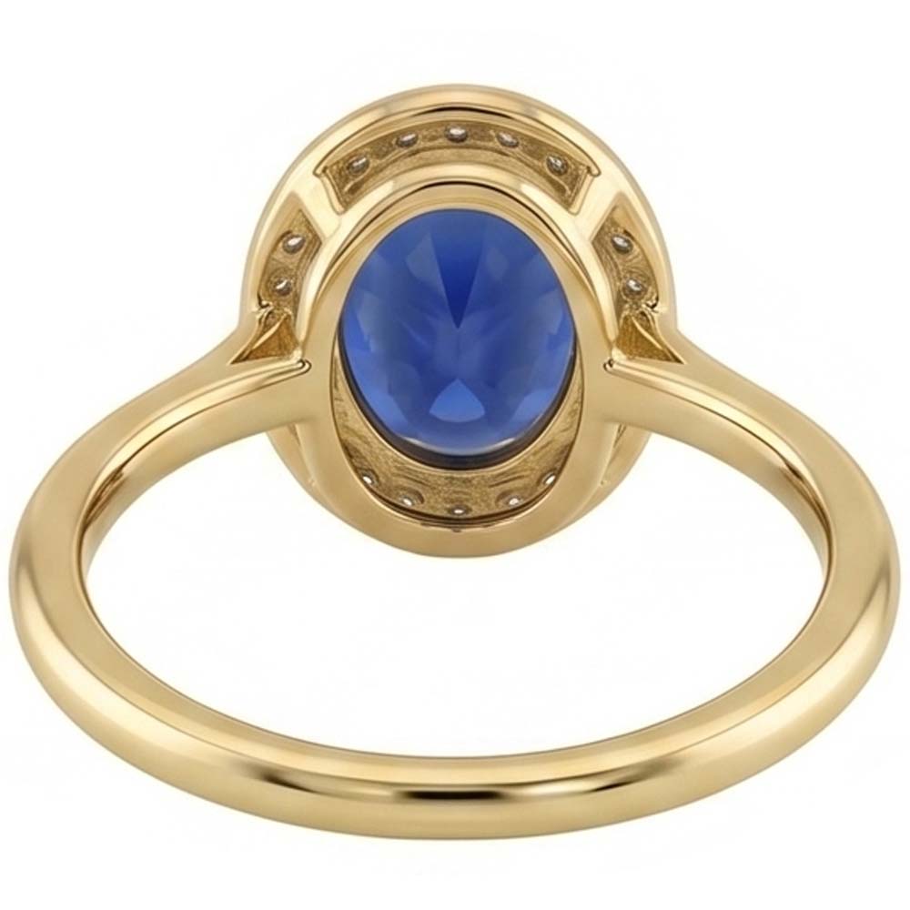 Anello Halo con 3 carati Zaffiro blu ovale e diamanti in oro 14K