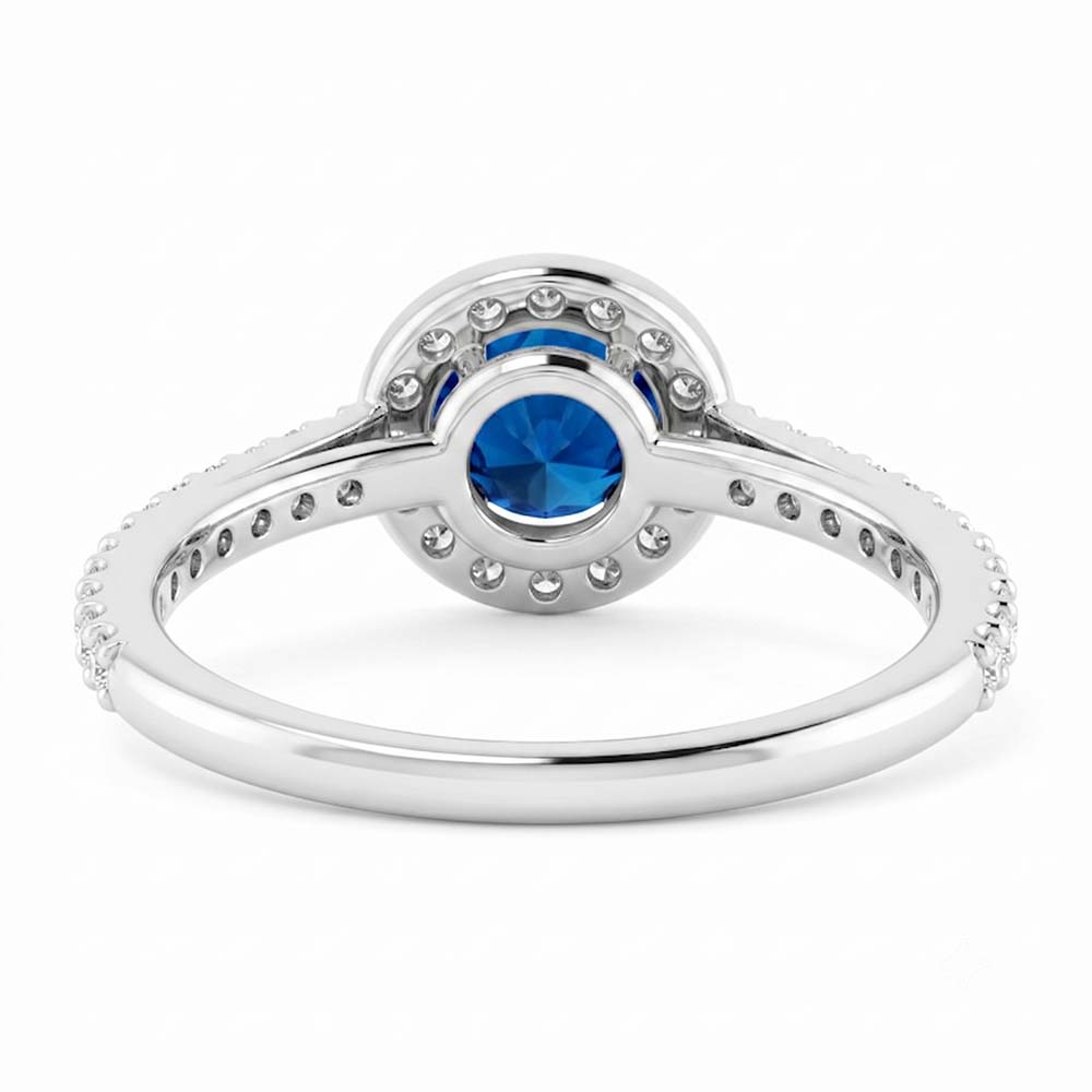 Anello Halo con Zaffiro Blu da 2,50 Carati e Diamante Rotondo in Oro Bianco 14K