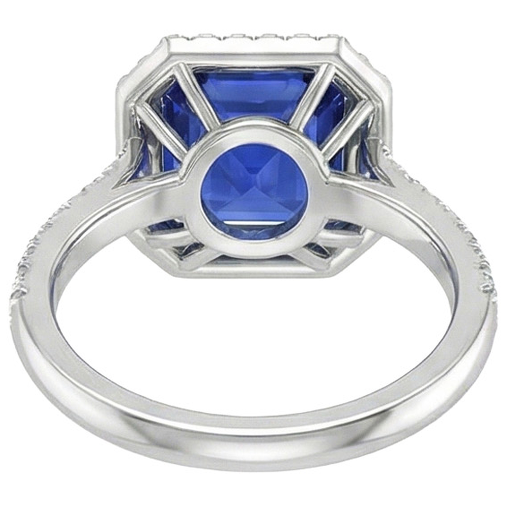 Anello Halo con diamante rotondo e zaffiro blu taglio Asscher 5.75 carati Nuovo