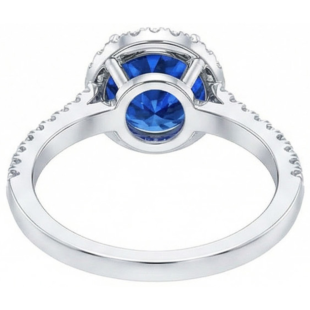 Anello Halo con diamante rotondo in zaffiro blu dello Sri Lanka da 2,20 carati in oro 14K