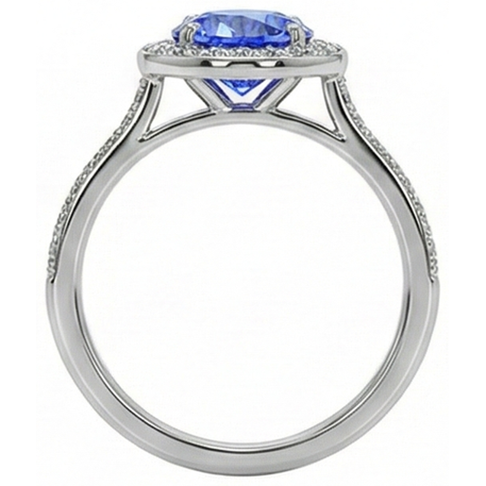 Anello Halo con diamante rotondo. zaffiro di Ceylon. 4 carati. accenti in oro bianco