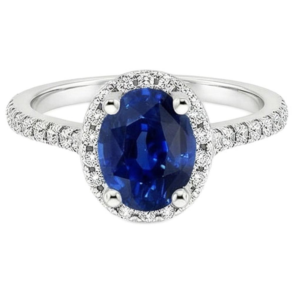 Anello Halo con pavé di diamanti e zaffiro ovale dello Sri Lanka 5 carati