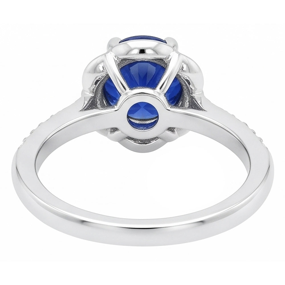Anello Halo con stelo tondo a forma di fiore di zaffiro da 3 carati e stelo affusolato di diamanti