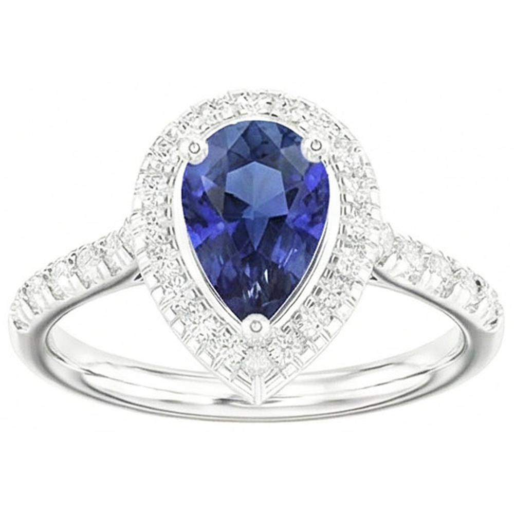 Anello Halo con zaffiro blu a forma di pera 4 carati e diamanti in oro bianco 14K
