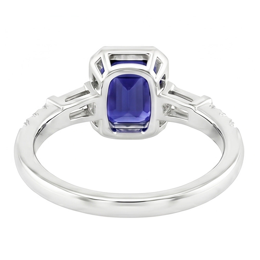 Anello Halo con zaffiro blu con baguette e diamanti tondi da 1,50 carati con Oro Bianco 14k