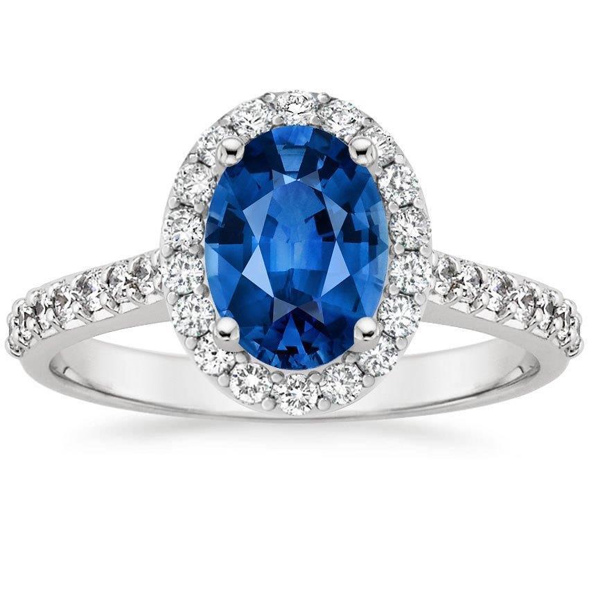 Anello Halo con zaffiro blu di Ceylon. oro bianco 14 carati. ovale. 2.15 ct. - harrychadent.it