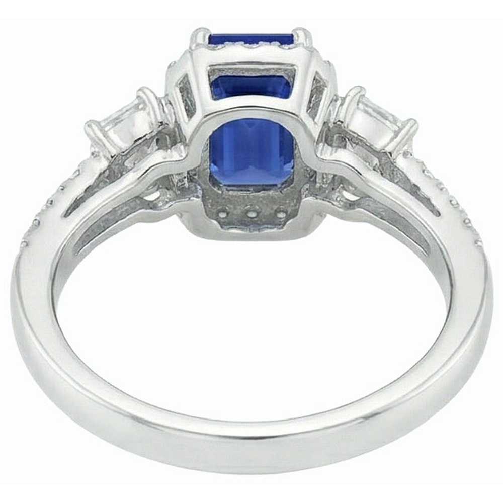 Anello Halo con zaffiro blu smeraldo Princess da 3,50 carati e diamanti tondi