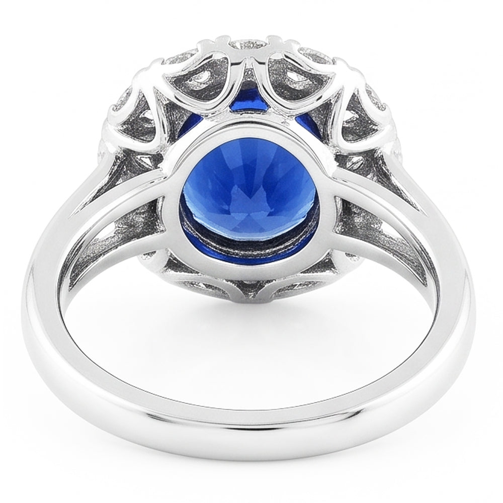 Anello Halo con zaffiro di Ceylon ovale da 4,50 carati e castone con diamanti