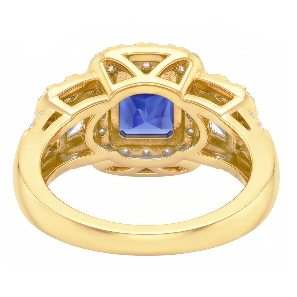 Anello Halo con zaffiro radiante da 5 carati e pietra preziosa di diamanti in oro 14K