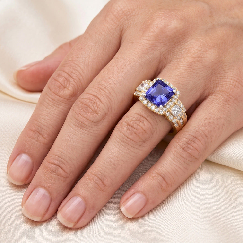 Anello Halo con zaffiro radiante da 5 carati e pietra preziosa di diamanti in oro 14K