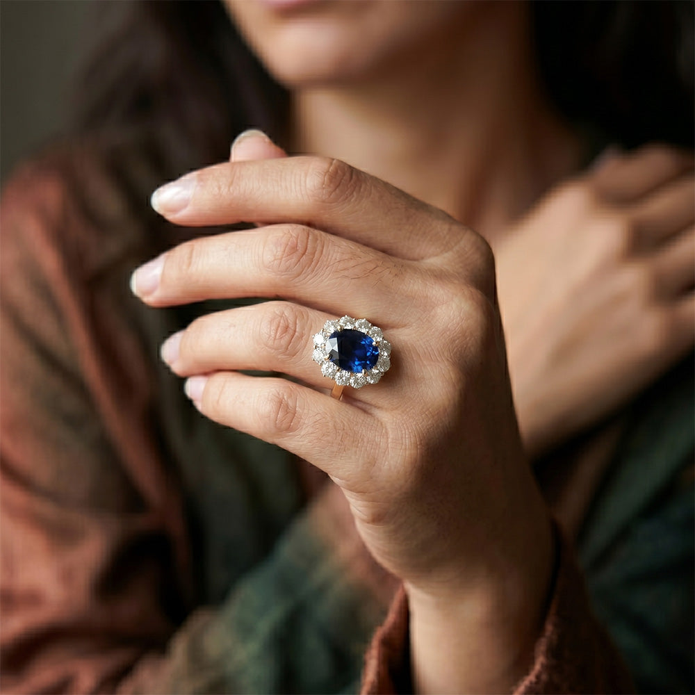 Anello Halo da donna con diamante zaffiro blu ovale naturale 7.50 carati