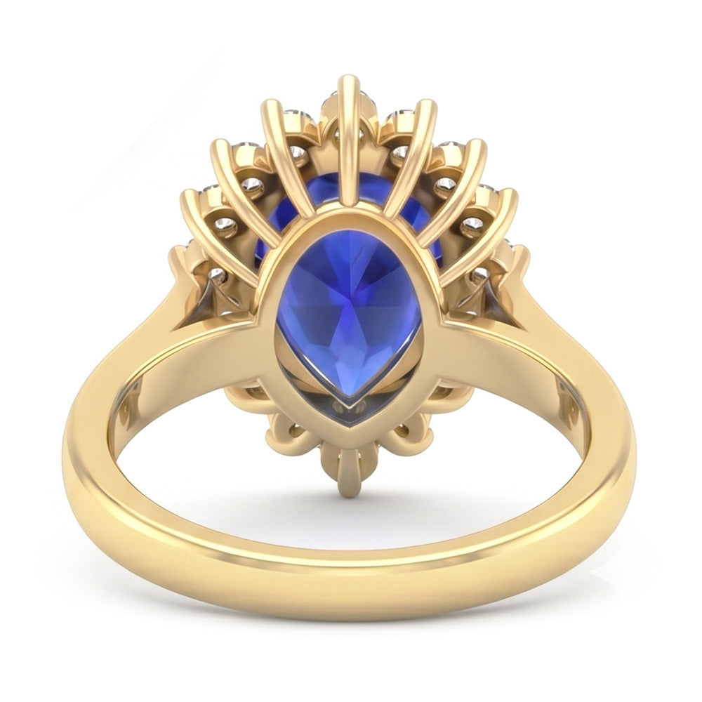 Anello Halo in oro giallo stile fiore con zaffiro di Ceylon e diamanti 4 carati