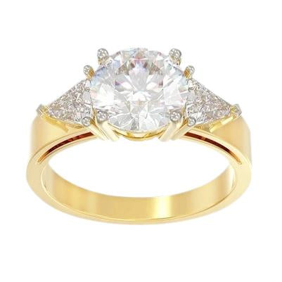 Anello In Oro Giallo 14K Con Tre Pietre Di Vero Diamanti Rotondi E Trilli Da 3.50 Ct