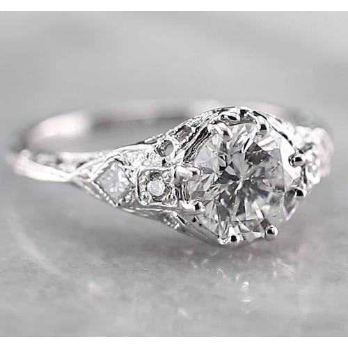 Anello In Stile Antico Con Genuino Diamante Rotondo 2 Carati In Oro Bianco 14K