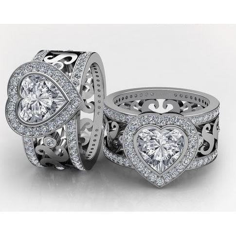 Anello Largo Naturale Diamante Fantasia Taglio Cuore Scintillante 6.35 Carati Oro Bianco 14K