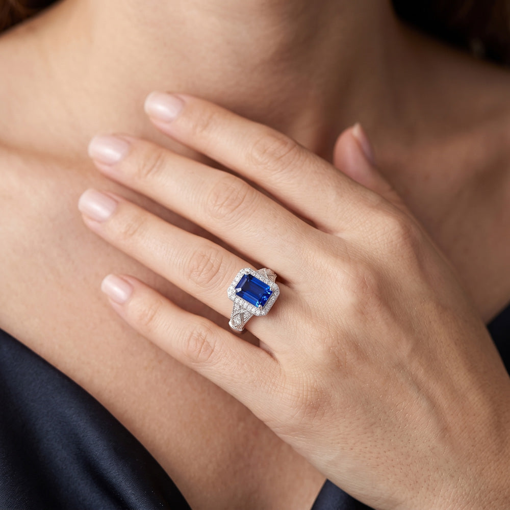 Anello Milligrain Halo Emerald Blue Sapphire 4 Carati Con Diamanti Naturali Autentici ( non creati in laboratorio )