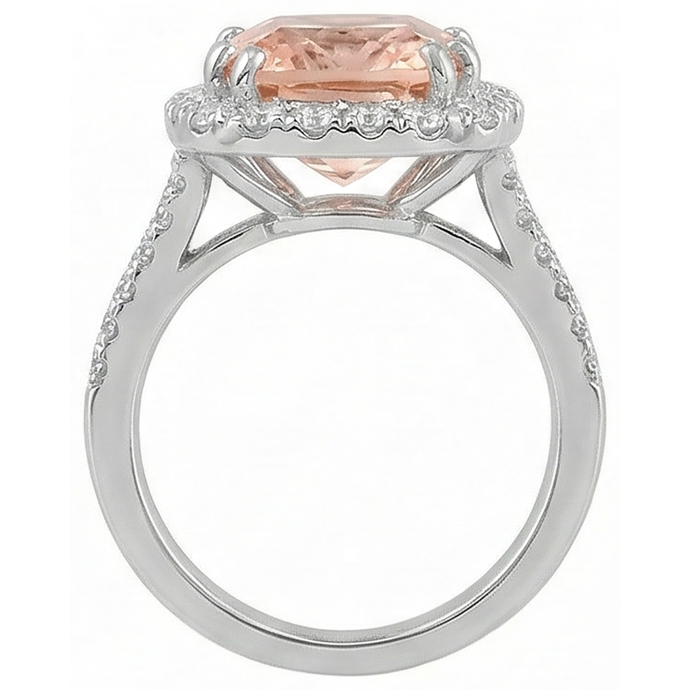 Anello Morganite a cuscino da 15.25 ct con diamanti rotondi in oro bianco 14 carati
