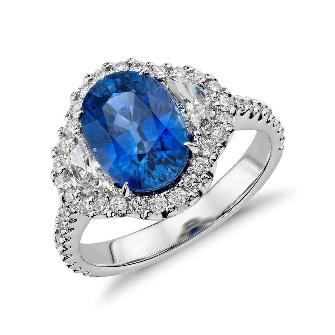 Anello Ovale Con Zaffiro Blu E Diamanti Gioiello In Oro Bianco 14 Carati. - harrychadent.it