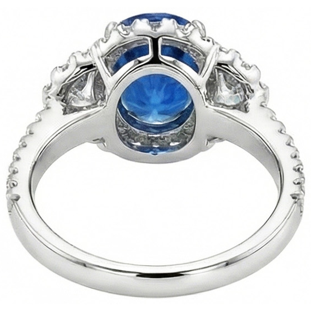 Anello Ovale Con Zaffiro Blu E Diamanti Naturali Autentici ( non creati in laboratorio ) Gioiello In Oro Bianco 14K.