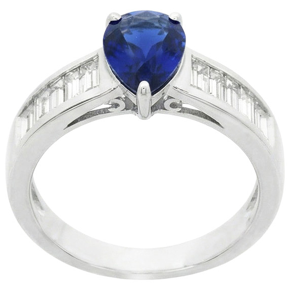 Anello Solitario Con Accenti Diamanti Naturali Autentici ( non creati in laboratorio ) Baguette Zaffiro Blu 3.50 Carati