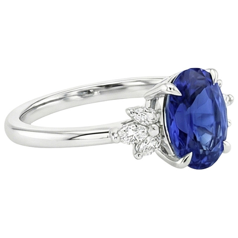 Anello Solitario Ovale Zaffiro Blu Con Pietre Laterali Pera 4.50 Carati