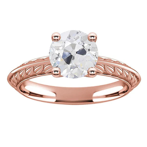 Anello Solitario Rotondo Con Vero Diamante Taglio Vecchia Miniera 3 Carati In Oro Rosa 14K