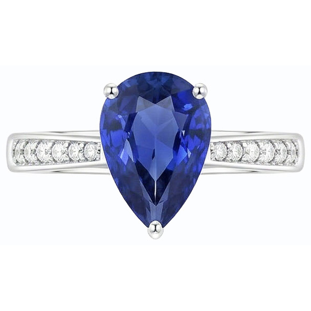 Anello Solitario con accenti di zaffiro blu 2,50 carati e pavé di diamanti in oro bianco 14K