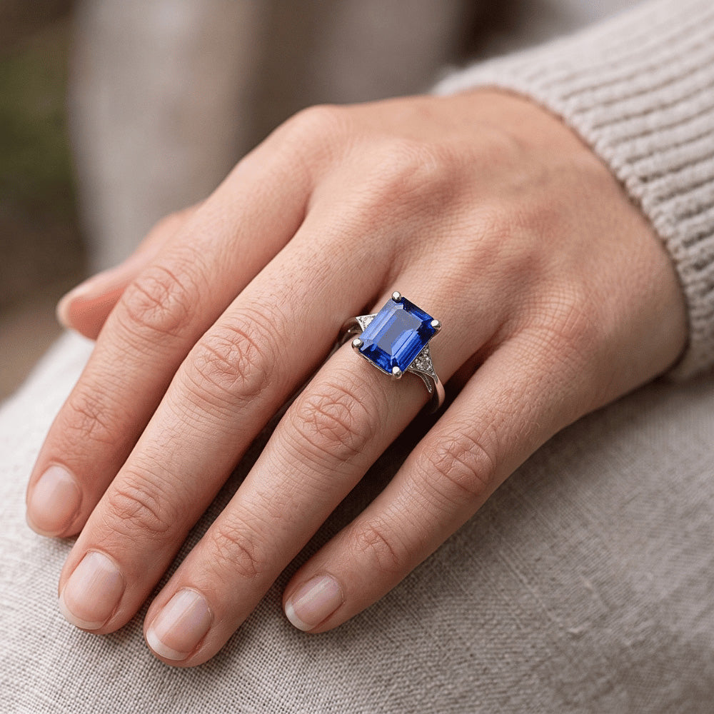 Anello Tre Pietre Smeraldo Zaffiro Sri Lanka & Diamante 3.50 Carati