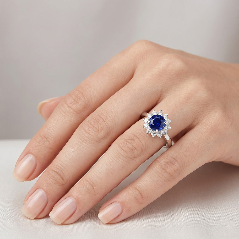 Anello Zaffiro Ceylon E Diamanti Naturali Autentici ( non creati in laboratorio ) 2,20 Carati Oro Bianco 14K