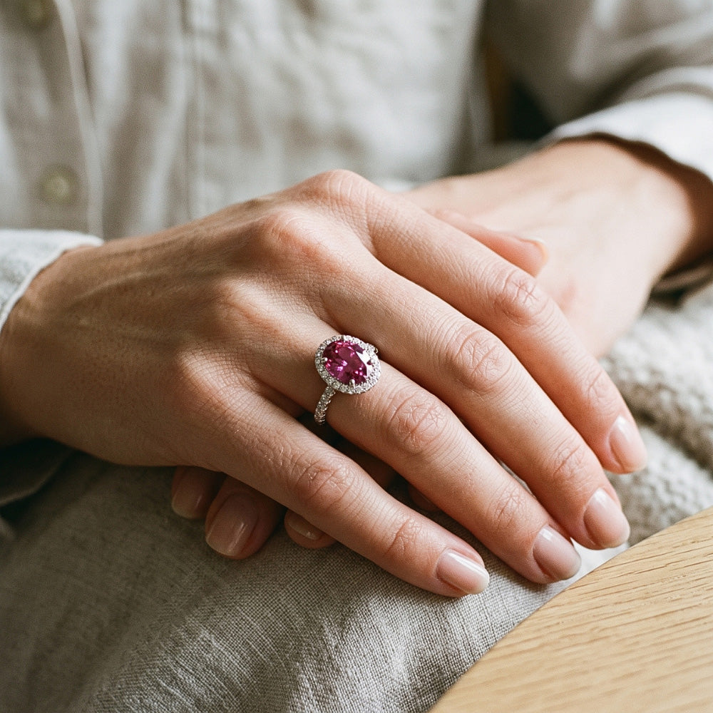 Anello Zaffiro Rosa E Diamanti 3.90 Carati Oro Bianco 14K