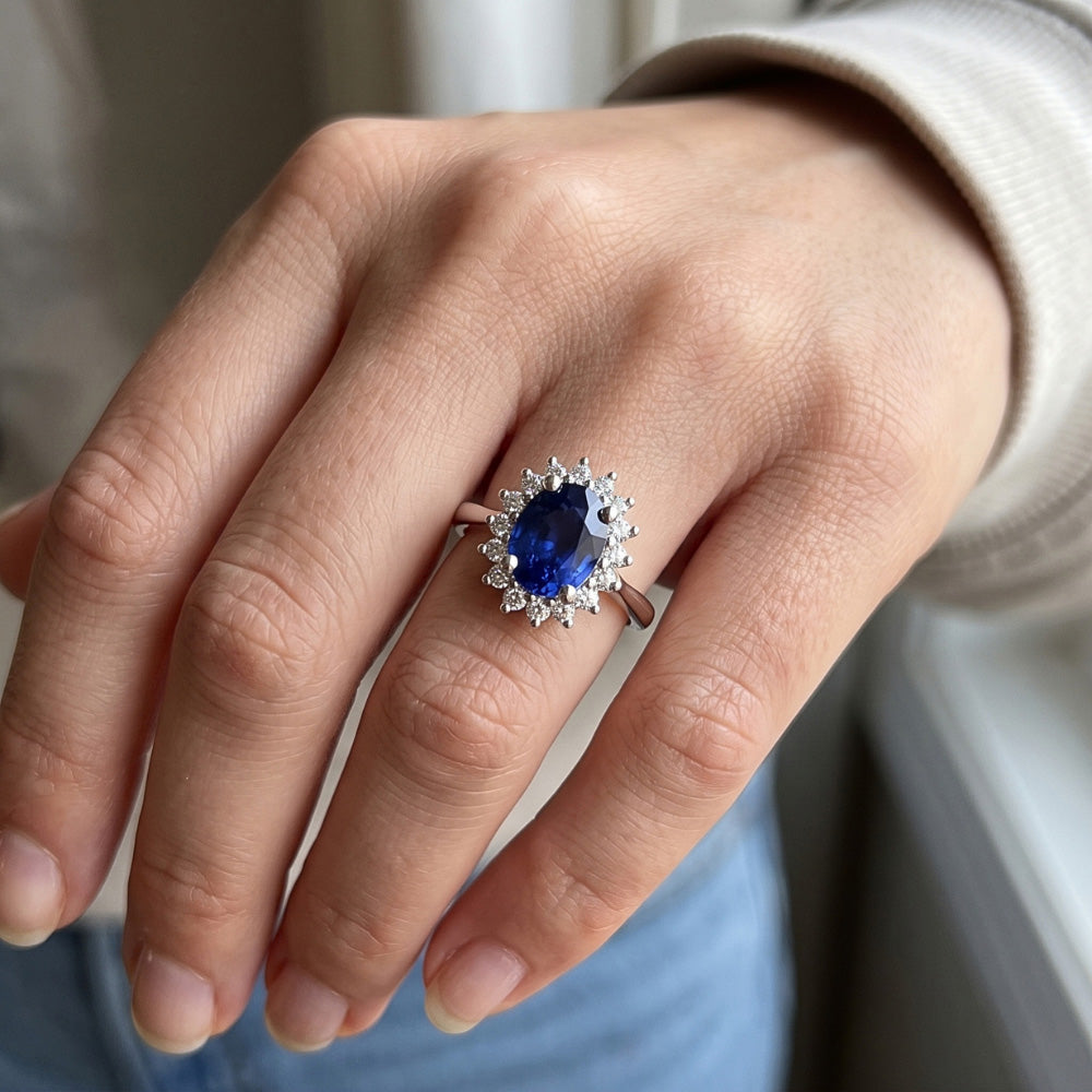 Anello a forma di fiore con zaffiro di Ceylon a 4 carati e diamante in oro bianco 14K