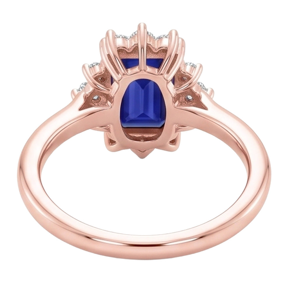 Anello a forma di fiore con zaffiro di Ceylon taglio smeraldo da 4 carati e diamante