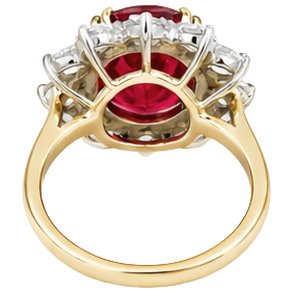 Anello a griffe con rubini e diamanti a taglio rotondo da 4.50 ct incastonati in oro giallo 14k