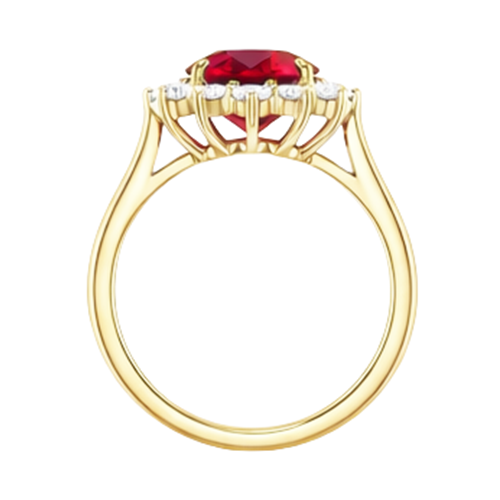 Anello a griffe con rubino ovale da 4 ct con diamanti rotondi incastonati in oro giallo 14k