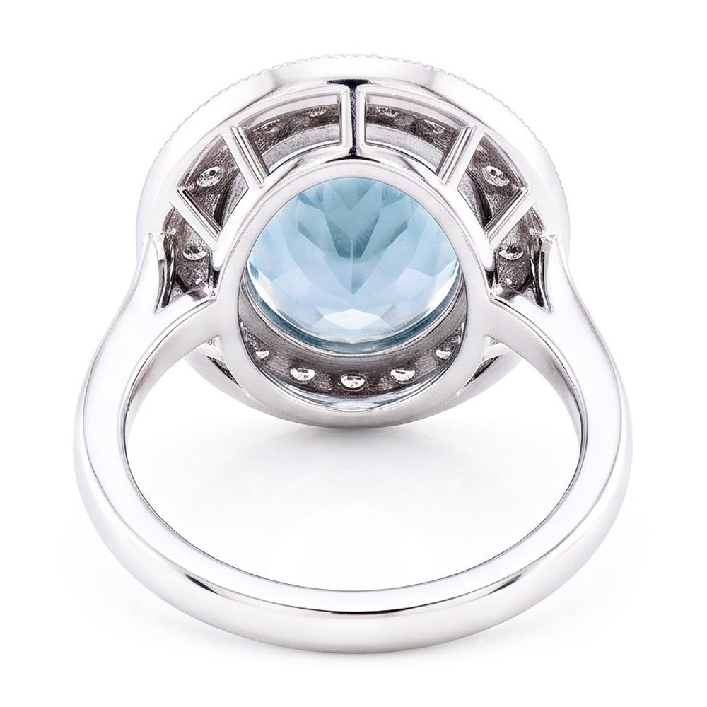 Anello a polo con acquamarina rotonda e diamanti da 11 ct in oro bianco 14K