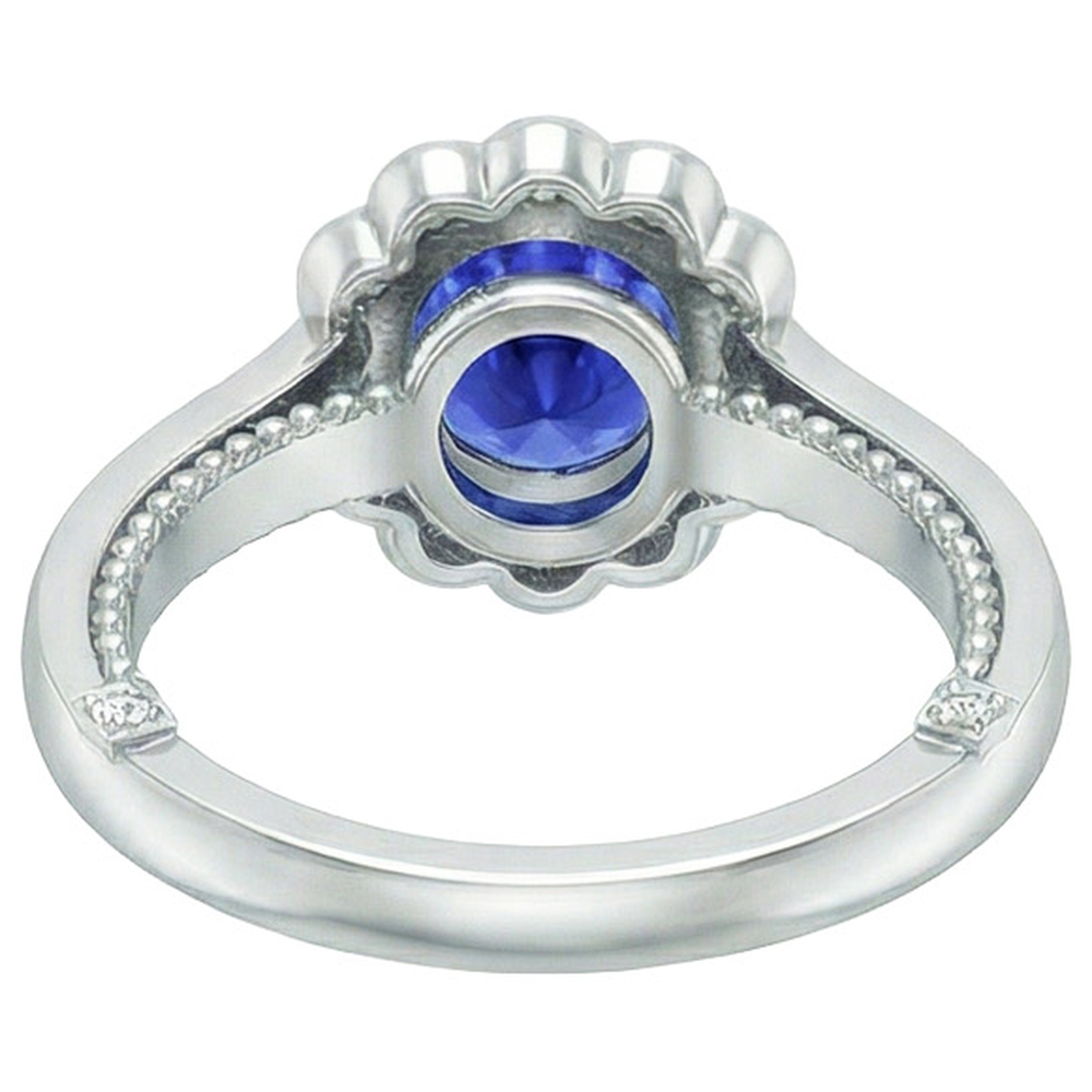 Anello antico stile Halo Flower con zaffiro blu da 2,50 carati e diamante in oro bianco 14 carati