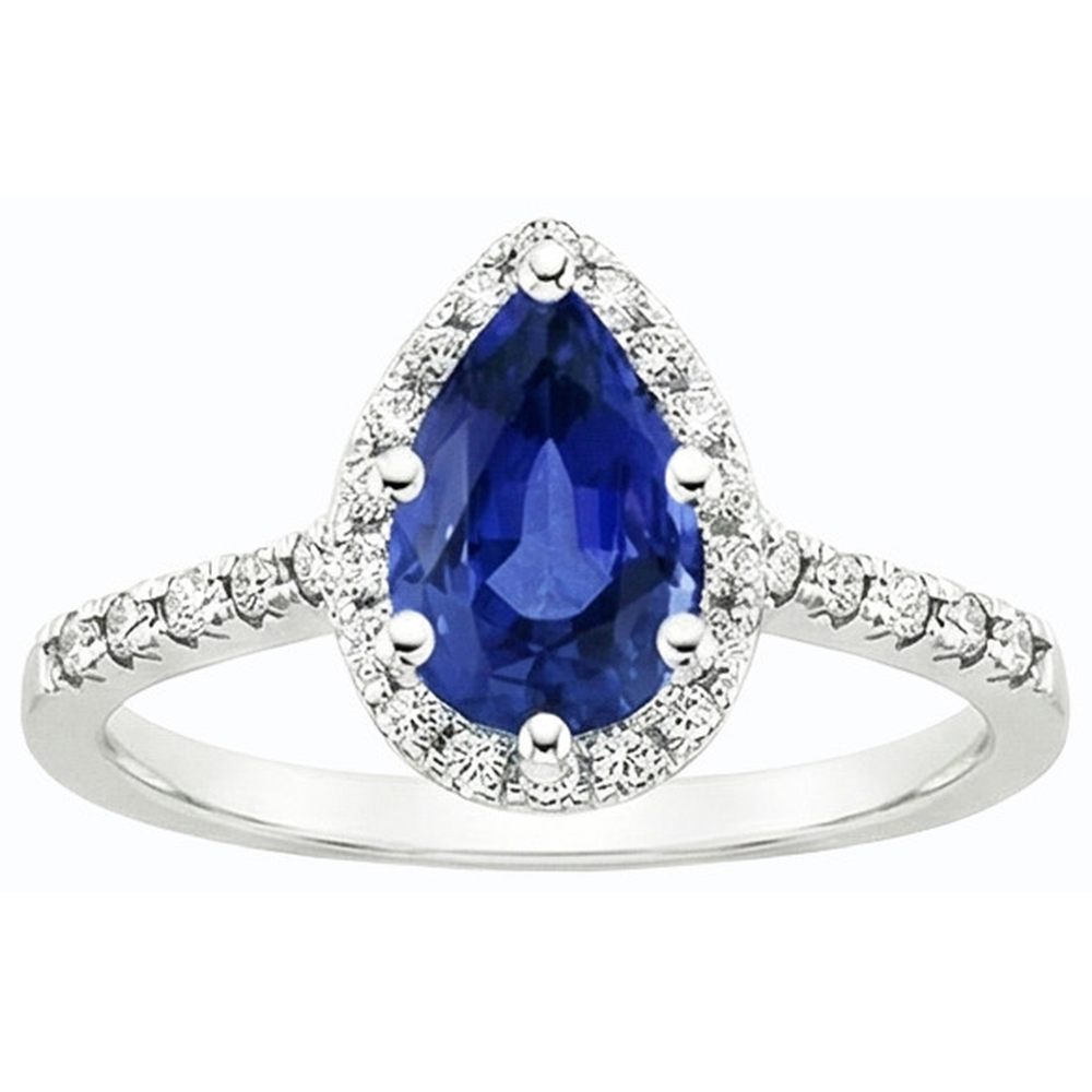 Anello aureola con zaffiro blu taglio pera e diamante 3.50 carati Gioielli da donna