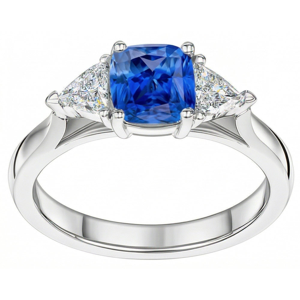 Anello con 3 pietre cuscino con zaffiro blu 1,50 trilioni di carati di diamanti e oro bianco 14K