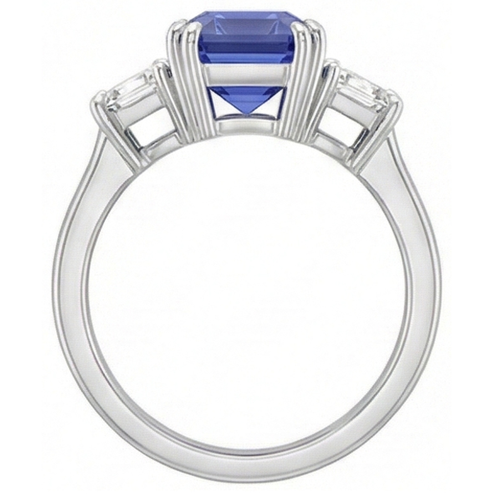 Anello con 3 pietre di smeraldo e diamante trapezoidale con zaffiro di Ceylon 3 carati