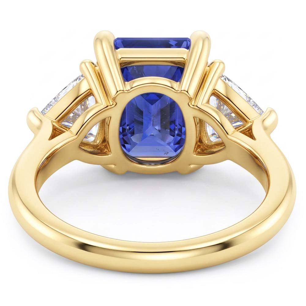 Anello con 3 pietre di zaffiro blu smeraldo con trilioni di diamanti da 2,50 carati