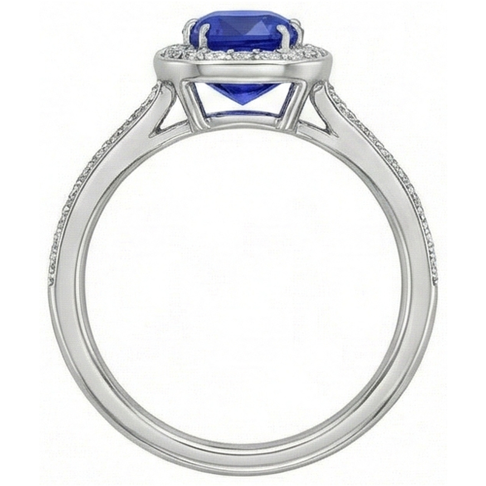 Anello con diamante aureola cuscino zaffiro blu 3 carati oro bianco 14K