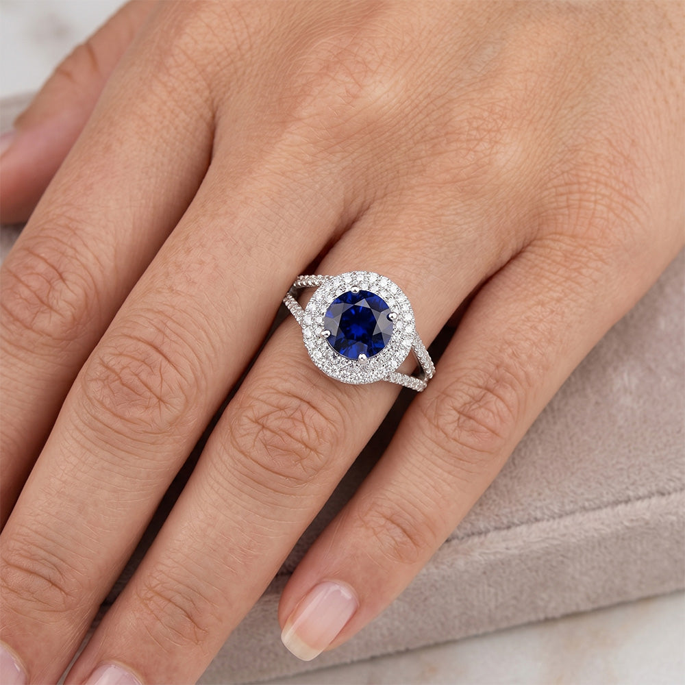 Anello con diamante rotondo Halo Blue Sapphire 3.50 carati New Gemstone Gold